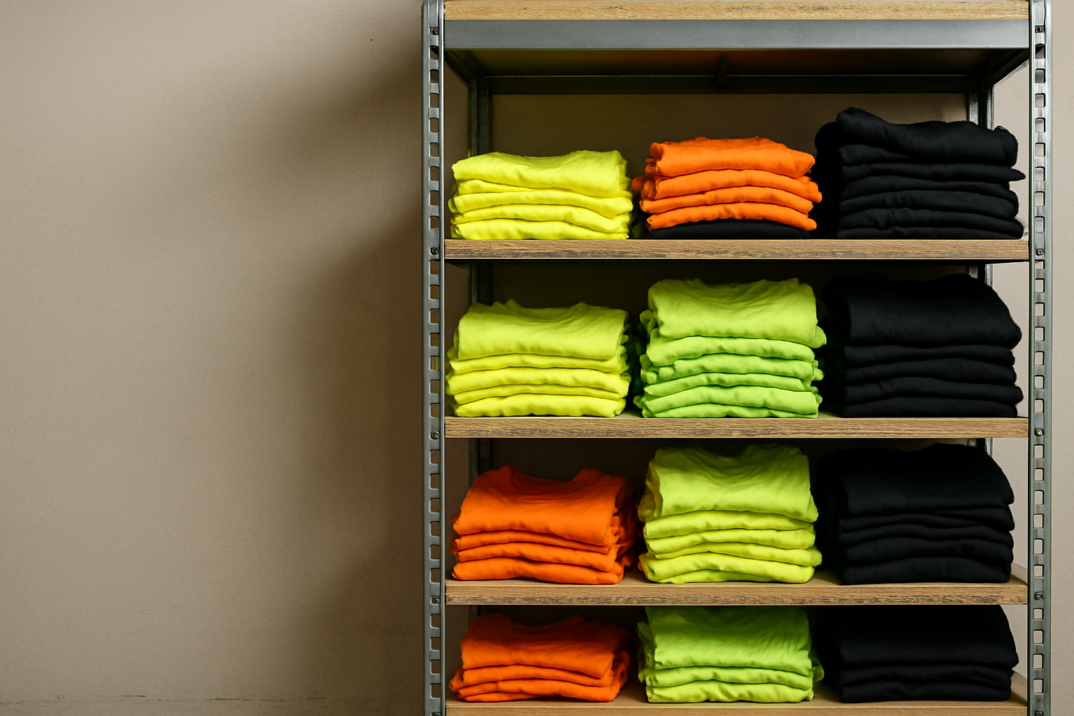 Warehouse shelf on right with hi-vis and black t-shirts, left side blank